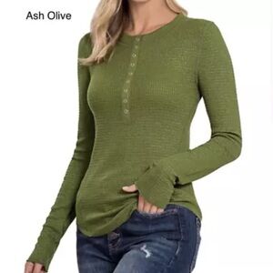 Women’s Baby Waffle Henley Snap Button Long Sleeve- Olive